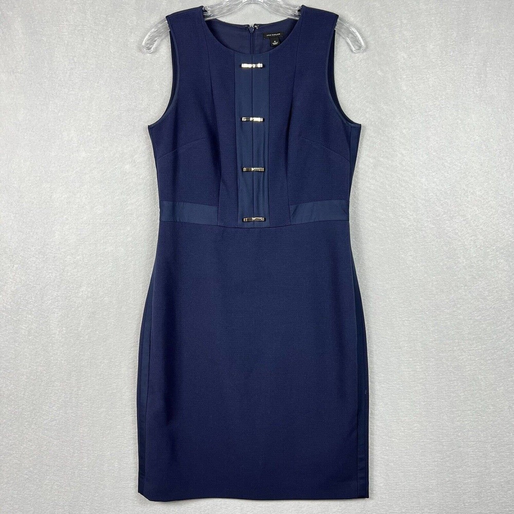 Ann Taylor Dress Sz 6 Navy Blue Sheath Sleeveless Gold Metal Bows Lined